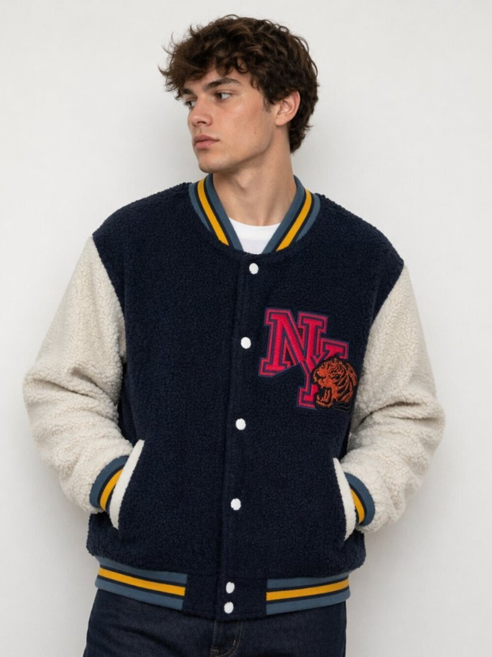 Varsity Bomber Jacket Blue Fleece Embroidered Patch Academia Retro XXL